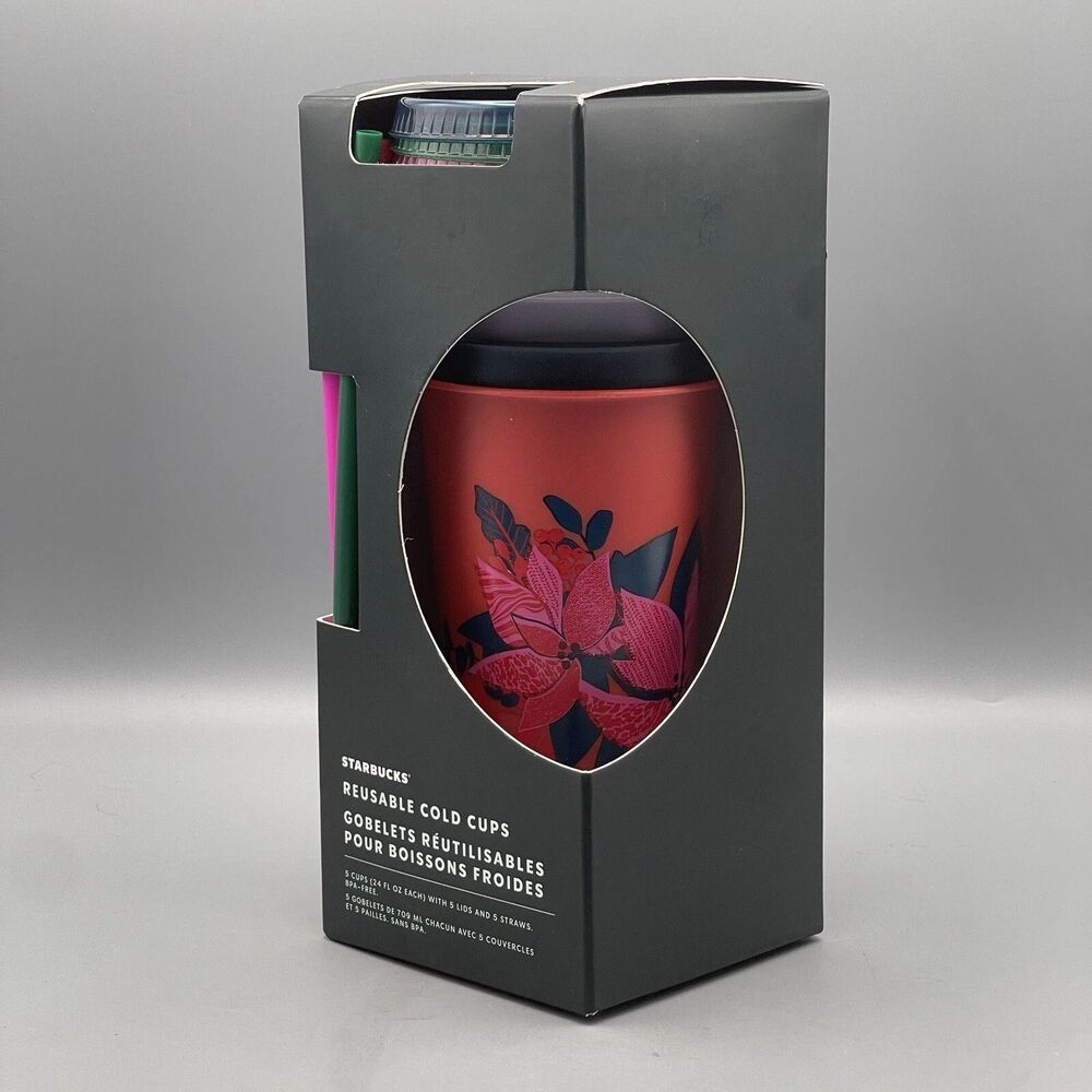 NEW Starbucks Reusable Cold Cups with Lids and Straws - Pack of 5 WINTER